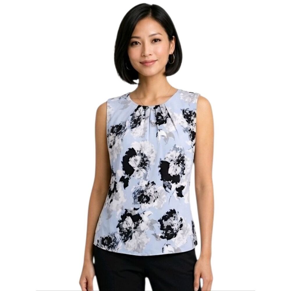 Calvin Klein Blue Floral Pleated Neck Keyhole Closure Sleeveless Blouse Size SP